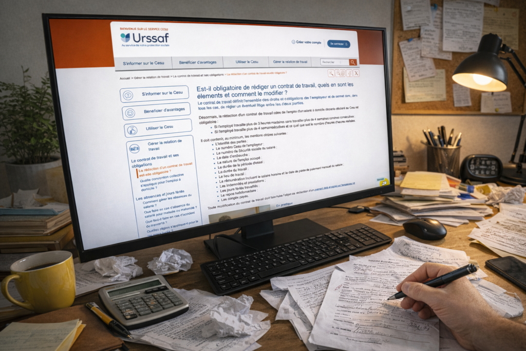 Bureau de travail montrant l’accumulation de documents administratifs liés à la gestion d’un emploi ponctuel